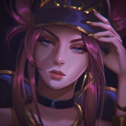 Rule 34 | 1girl, akali, black background, black choker, blue eyes, choker, closed mouth, commentary, gold nails, gradient background, hand up, highres, k/da (league of legends), k/da akali, league of legends, long hair, looking at viewer, nail polish, pink hair, portrait, purple headwear, shiny skin, simple background, solo, solraka