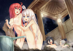 Rule 34 | 4girls, absurdres, ahoge, ass, black hair, blue eyes, blush, blush stickers, grabbing another&#039;s breast, breasts, convenient censoring, grabbing, highres, large breasts, long hair, multiple girls, navel, night, night sky, nude, onsen, open mouth, original, pointy ears, red hair, ruma imaginary, sky, towel, white hair, yellow eyes