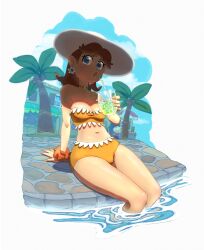 Rule 34 | 1girl, absurdres, arm support, armpit crease, atmosk, bare shoulders, blue eyes, breasts, brown hair, building, choker, cleavage, coconut tree, collarbone, cup, drinking, drinking glass, drinking straw, earrings, eyelashes, fingernails, flower earrings, hat, highres, holding, holding cup, ice, ice cube, jewelry, lips, long fingernails, looking at viewer, mario (series), medium breasts, medium hair, nail polish, navel, nintendo, orange choker, orange nails, orange scrunchie, orange swimsuit, outdoors, palm tree, parted bangs, partially submerged, pink lips, princess daisy, scrunchie, sitting, solo, strapless, sun hat, super mario land, swimsuit, taut clothes, taut swimsuit, thighs, toad (mario), tree, water, white background, white hat, window, window shutter