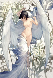 Rule 34 | 1girl, angel, angel wings, arm up, artist name, barefoot, black eyes, black hair, breasts, character name, cloak, closed mouth, collarbone, dated, elona, entangled, feathered wings, floating hair, flower, full body, hair over one eye, hand up, herayoshi, highres, ironwork, lily (flower), looking at viewer, lulwy of wind, navel, nipples, nude, one eye covered, solo, string, trellis, white wings, wings