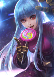 Rule 34 | 1girl, :d, blue hair, blunt bangs, blurry, bodysuit, breasts, candy, commentary, depth of field, dutch angle, food, glint, gloves, highres, holding, holding food, kazeo-yuurin, kula diamond, leaning forward, lights, lollipop, long hair, looking at viewer, medium breasts, open mouth, pointing, pointing finger, red eyes, smile, solo, sparkle, swirl lollipop, the king of fighters, very long hair