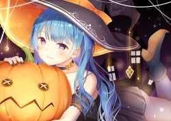 Rule 34 | 1girl, absurdres, bare shoulders, black dress, black footwear, black nails, blue hair, blush, choker, collarbone, crescent moon, detached sleeves, dress, earrings, halloween, hat, hat ornament, high heels, highres, holding, huge filesize, jack-o&#039;-lantern, jewelry, koki (latte1023), legs up, long hair, looking at viewer, lying, moon, nail polish, on stomach, original, pointy footwear, purple eyes, smile, solo, sparkle, witch hat