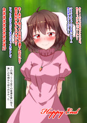 Rule 34 | 1girl, absurdres, animal ears, arms behind back, blush, brown hair, carrot, carrot necklace, closed mouth, commentary request, dress, floppy ears, highres, inaba tewi, jewelry, looking at viewer, medium hair, mukkushi, necklace, pink dress, rabbit ears, rabbit girl, red eyes, short sleeves, smile, solo, sweatdrop, touhou, translation request