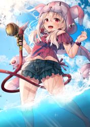 Rule 34 | 1girl, :d, animal ears, animal hat, bare shoulders, blonde hair, blue shorts, commentary request, day, denim, denim shorts, fake animal ears, fate/grand order, fate (series), frilled shorts, frills, hair between eyes, hair over shoulder, hands up, hat, highres, holding, hose, hose nozzle, illyasviel von einzbern, illyasviel von einzbern (swimsuit archer), illyasviel von einzbern (swimsuit archer) (first ascension), long hair, looking at viewer, magical ruby, midriff peek, navel, off-shoulder shirt, off shoulder, open mouth, outdoors, red eyes, red shirt, shirt, short shorts, shorts, smile, solo, standing, wading, water, yuzuzukushi