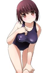 Rule 34 | 1girl, bare shoulders, blush, breasts, brown eyes, brown hair, highres, leaning forward, looking at viewer, matsunaga kouyou, one-piece swimsuit, original, school swimsuit, short hair, simple background, smile, solo, swimsuit, wet, white background