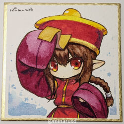 Rule 34 | 1girl, blackcat (blackcatbox), brown eyes, brown hair, closed mouth, coat, commentary request, cowboy shot, dated, expressionless, hair between eyes, hat, jiangshi, long hair, looking at viewer, medium bangs, munak, ofuda, painting (medium), photo (medium), pointy ears, ponytail, qingdai guanmao, ragnarok online, red coat, red hat, shikishi, signature, sleeves past fingers, sleeves past wrists, solo, traditional media, watercolor (medium)