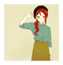 Rule 34 | 1girl, azuma (no488888), bad id, bad pixiv id, beige background, beret, black hat, collared shirt, earrings, green shirt, green skirt, hair ornament, hair over shoulder, hairpin, hat, jewelry, long hair, love live!, love live! sunshine!!, medium skirt, multicolored nails, nail polish, pleated skirt, ponytail, red hair, red nails, sakurauchi riko, shirt, skirt, sleeves rolled up, smile, solo, watch, white nails, wristwatch, yellow eyes