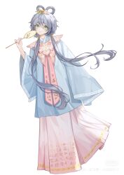 Rule 34 | 1girl, absurdres, alternate costume, chinese clothes, closed mouth, commentary request, commission, dress, floral print, flower, full body, green eyes, grey hair, hair between eyes, hair flower, hair ornament, hair rings, hand fan, hand up, hanfu, highres, holding, holding fan, long hair, long sleeves, looking at viewer, low twintails, luo tianyi, paper fan, pink dress, senchuan zhi, shawl, simple background, sleeves past fingers, sleeves past wrists, smile, solo, standing, twintails, uchiwa, very long hair, vocaloid, vsinger, white background, wide sleeves, yunjian