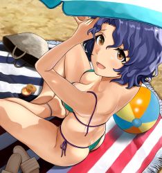 Rule 34 | 1girl, :d, absurdres, ankle strap, arms up, ass, ball, bare arms, bare back, bare legs, barefoot, beach, beachball, bikini, blue hair, breasts, brown eyes, butt crack, cleavage, female focus, from above, green bikini, halterneck, hanamasa ono, highres, idolmaster, idolmaster million live!, indian style, light blush, looking at viewer, looking back, lotion, medium breasts, open mouth, outdoors, parted bangs, sand, sandals, short hair, side-tie bikini bottom, sitting, smile, solo, string bikini, sunscreen, swimsuit, thighs, thong, thong bikini, towel, toyokawa fuka, umbrella, untied bikini