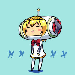 Rule 34 | 1girl, aegis (persona), antennae, atlus, blonde hair, blue background, blush stickers, bow, bowtie, bug, butterfly, chan co, chibi, dress, full body, insect, katamari damacy, legs apart, pantyhose, parody, persona, persona 3, red bow, red bowtie, simple background, solo, square mouth, standing, white dress, white pantyhose