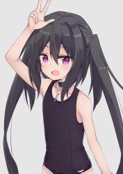 Rule 34 | 1girl, :d, absurdres, amano kouki, arm up, bare arms, bare shoulders, black choker, black hair, black one-piece swimsuit, blush, choker, collarbone, commentary request, cross, cross necklace, grey background, hair between eyes, highres, jewelry, latin cross, long hair, looking at viewer, necklace, note-chan, one-piece swimsuit, open mouth, original, purple eyes, school swimsuit, simple background, single hair intake, smile, solo, swimsuit, twintails, very long hair