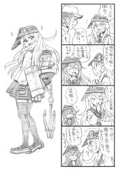Rule 34 | 10s, 1boy, 2girls, 4koma, akatsuki (kancolle), anchor, bbb (friskuser), clenched hand, clenched hands, closed eyes, comic, commentary request, elbow on arm, flying sweatdrops, from side, greyscale, hand on own chin, hat, heart, hibiki (kancolle), highres, kantai collection, long hair, looking at viewer, looking back, md5 mismatch, monochrome, multiple girls, neckerchief, open mouth, overalls, rigging, school uniform, serafuku, shoes, short hair, sidelocks, sleeves past wrists, smile, sparkle, spoken heart, sweatdrop, thighhighs, translation request