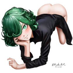 Rule 34 | 1girl, all fours, black dress, blush, closed mouth, dress, green eyes, green hair, hair over one eye, hand on own cheek, hand on own face, highres, khester824, long sleeves, looking at viewer, medium hair, one-punch man, simple background, smile, solo, tatsumaki, white background