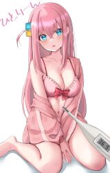 Rule 34 | 1girl, absurdres, bare legs, barefoot, between legs, blue eyes, blush, bocchi the rock!, bow, bra, breasts, cleavage, commentary request, cube hair ornament, gotoh hitori, hair between eyes, hair ornament, hand between legs, highres, jacket, large breasts, long hair, long sleeves, looking at viewer, navel, no pants, one side up, open clothes, open jacket, open mouth, pink bra, pink hair, pink jacket, red bow, simple background, sitting, solo, thermometer, thighs, track jacket, underwear, wariza, white background, yami anko