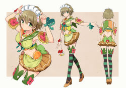 Rule 34 | 1girl, bow, brown hair, character sheet, food, fruit, fruit tart, green eyes, headdress, looking at viewer, midriff, ninomoto, original, outstretched arm, personification, short hair, smile, striped clothes, striped thighhighs, tart (food), thighhighs