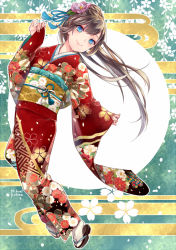 Rule 34 | 1girl, blue eyes, brown hair, floral print, flower, hair flower, hair ornament, japanese clothes, kimono, long hair, looking at viewer, mikuni (mikunik), obi, original, sash, sayagata, smile, solo, wide sleeves