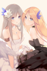 Rule 34 | 2girls, absurdres, arm garter, bare shoulders, black dress, black gloves, blonde hair, blue eyes, braid, breasts, choker, cleavage, closed mouth, dress, elbow gloves, flower, gloves, grey hair, hair flower, hair ornament, hairclip, highres, jewelry, large breasts, lexington (warship girls r), looking at viewer, medium breasts, multiple girls, necklace, open mouth, pendant, saratoga (warship girls r), sideboob, sidelocks, simple background, smile, suisai., warship girls r, white dress, white gloves, wings