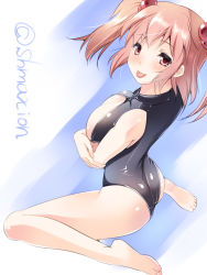 Rule 34 | 1girl, black one-piece swimsuit, breast lift, breasts, cleavage cutout, clothing cutout, female focus, front zipper swimsuit, hair bobbles, hair ornament, large breasts, maki (seventh heaven maxion), meme attire, one-piece swimsuit, onozuka komachi, red eyes, red hair, sitting, smile, solo, swimsuit, team shanghai alice, tongue, tongue out, touhou, two side up, wariza