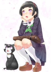 Rule 34 | 1girl, bad id, bad pixiv id, black hair, blush, briefcase, cat, eyebrows, hairband, hand on own cheek, hand on own face, hime cut, kneehighs, loafers, long hair, long sleeves, nezumi doshi, open mouth, original, petals, pleated skirt, purple eyes, sailor collar, school briefcase, school uniform, shoes, skirt, socks, solo, squatting, thick eyebrows