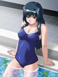 Rule 34 | 00s, 1girl, arm support, blue hair, blue one-piece swimsuit, blush, breasts, brown eyes, caustics, cleavage, competition school swimsuit, covered erect nipples, d-ten, from above, green hair, hair between eyes, hair intakes, long hair, one-piece swimsuit, onegai twins, oribe tsubaki, parted lips, pool, poolside, school swimsuit, solo, swimsuit, thighs, wading, water