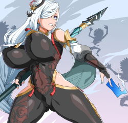 Rule 34 | 1girl, black gloves, blue nails, bodysuit, breasts, era (erasion), fingerless gloves, genshin impact, gloves, gluteal fold, hair over one eye, highres, hilichurl (genshin impact), holding, holding weapon, large breasts, long hair, mask, mask on head, nail polish, parted lips, purple eyes, shenhe (genshin impact), solo, thick thighs, thighs, weapon, white hair