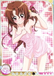 Rule 34 | 1girl, arm up, armpits, bare shoulders, blush, breasts, brown hair, collarbone, hair ornament, hands on own chest, hayate no gotoku!, highres, long hair, looking at viewer, maria (hayate no gotoku!), naked towel, red eyes, scan, smile, solo, thighs, towel