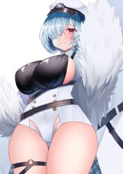 Rule 34 | 1girl, absurdres, azur lane, bandage over one eye, blue hair, blush, breasts, coat, commentary request, cowboy shot, framed breasts, fur-trimmed coat, fur trim, hair over one eye, hat, highres, kuybyshev (azur lane), large breasts, leotard, long sleeves, looking at viewer, partial commentary, peaked cap, red eyes, short hair, sideboob, simple background, sino rameko, solo, thigh strap, thighs, white background, white leotard
