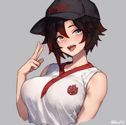 Rule 34 | 1girl, baseball cap, black hair, black hat, bluefield, breasts, copyright name, cropped torso, floral print, gradient hair, grey background, grey eyes, hair between eyes, hand up, hat, highres, large breasts, looking at viewer, multicolored hair, open mouth, red hair, rose print, ruby rose, rwby, shirt, short hair, simple background, sleeveless, sleeveless shirt, solo, teeth, tongue, tongue out, twitter username, upper teeth only, v, white shirt