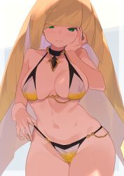 Rule 34 | 1girl, alternate breast size, bikini, black choker, blonde hair, blunt bangs, blush, breasts, choker, closed mouth, creatures (company), eyes visible through hair, game freak, green eyes, groin, hair over one eye, hand on own face, highres, jewelry, long hair, looking at viewer, lusamine (pokemon), mature female, medium breasts, navel, nintendo, pendant, pokemon, pokemon sm, pulled by self, smile, solo, split mouth, spring2013, stomach, strap pull, swimsuit, very long hair
