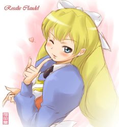 Rule 34 | 00s, 1girl, blonde hair, blue eyes, bow, character name, hair bow, heart, index finger raised, long hair, long sleeves, maira gen, my-otome, one eye closed, open mouth, puffy long sleeves, puffy sleeves, rosalie claudel, solo, white bow