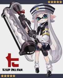 Rule 34 | 1girl, anchor symbol, armband, black bow, black bowtie, black footwear, blouse, blue hat, blue skirt, blunt bangs, bow, bowtie, closed mouth, commentary, dixie cup hat, double horizontal stripe, dynamo roller (splatoon), earrings, full body, green eyes, grey background, grey hair, hat, head tilt, holding, holding weapon, inkling, inkling (language), inkling girl, inkling player character, jewelry, loafers, logo, long hair, long sleeves, looking at viewer, loose socks, maco spl, military hat, miniskirt, nintendo, pleated skirt, pointy ears, print skirt, school uniform, serafuku, shirt, shoes, skirt, smile, socks, solo, splatoon (series), splatoon 2, standing, tentacle hair, very long hair, weapon, white legwear, white shirt