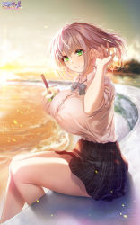 Rule 34 | 1girl, arm up, black skirt, blurry, blurry background, breasts, collared shirt, commentary request, cup, disposable cup, drinking straw, evening, floating hair, green eyes, grey hair, highres, holding, holding cup, hololive, hozumi kaoru, large breasts, looking at viewer, ocean, open mouth, plaid, pleated skirt, school uniform, shirogane noel, shirogane noel (school uniform), shirt, sitting, skirt, sky, smile, tented shirt, thighs, uniform, virtual youtuber, watermark, white shirt