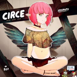 Rule 34 | 1girl, barefoot, circe (fate), english text, fate/grand order, fate (series), midriff, pink hair, pointy ears, speech bubble, srgrafo, wings