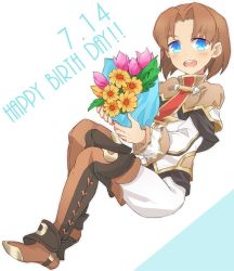 Rule 34 | 1boy, blue eyes, blush, boots, brown eyes, brown hair, full body, male focus, michael lancelot, open mouth, pop-up story, school uniform, simple background, smile, solo, white background
