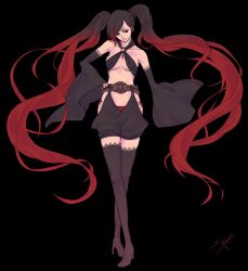 Rule 34 | 1girl, bare shoulders, belt, black background, black hair, blue eyes, boots, breasts, covered navel, crow (gravity daze), detached sleeves, full body, gravity daze, gravity daze 2, hand on own hip, high heel boots, high heels, highres, legs, long hair, long sleeves, midriff, multicolored hair, nail polish, panties, red hair, red panties, shorts, signature, simple background, solo, standing, thigh boots, thighhighs, twintails, two-tone hair, underwear, very long hair