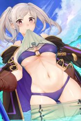 Rule 34 | 1girl, bikini, bikini under clothes, blue sky, blush, breasts, brown eyes, cleavage, clothes in mouth, clothes lift, clothes pull, coat, day, fire emblem, fire emblem awakening, fire emblem heroes, gloves, gluteal fold, highres, ippers, jacket, jacket on shoulders, lifting own clothes, looking at viewer, medium breasts, mountainous horizon, mouth hold, navel, nintendo, o-ring, o-ring bikini, pants, pants pull, purple bikini, robin (female) (fire emblem), robin (fire emblem), shirt in mouth, shirt lift, silver hair, skindentation, sky, solo, stomach, swimsuit, thigh gap, twintails, undressing, wading