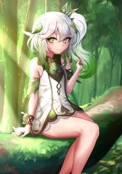 Rule 34 | 1girl, absurdres, blurry, bracelet, branch, commentary request, crossed legs, depth of field, detached sleeves, forest, genshin impact, gradient hair, green eyes, hair between eyes, hair ornament, highres, jewelry, long hair, looking at viewer, multicolored hair, nahida (genshin impact), nature, playing with own hair, pointy ears, short sleeves, side ponytail, sidelocks, sitting, solo, symbol-shaped pupils, tree, two-tone hair, unstableboiler, white hair