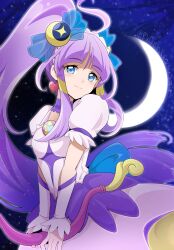 Rule 34 | 1girl, alternate hairstyle, blue eyes, choker, crescent, crescent earrings, cure selene, dress, earrings, hair ornament, heart pouch, highres, jewelry, kaguya madoka, long hair, looking at viewer, magical girl, mochi curry, night, precure, puffy sleeves, purple choker, purple dress, purple hair, rainbow skirt, short sleeves, smile, solo, star (symbol), star choker, star color pen, star color pendant, star hair ornament, star twinkle precure, very long hair