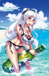 Rule 34 | 1girl, ahoge, alcohol, beach, beer, beer bottle, bikini, blue sky, blush, bottle, breasts, caffein, cleavage, cloud, day, headphones, long hair, looking at viewer, ocean, open mouth, outdoors, oversized object, ponytail, red eyes, sand, side-tie bikini bottom, silver hair, sky, smile, solo, swimsuit, vocaloid, water, yowane haku