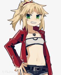 Rule 34 | 1girl, belt, black belt, blonde hair, blush, breasts, fate/apocrypha, fate (series), green eyes, grey background, grin, hair ornament, hair scrunchie, highres, jacket, jewelry, looking at viewer, mordred (fate), mordred (fate/apocrypha), necklace, open clothes, open jacket, ponytail, red jacket, red scrunchie, scrunchie, short shorts, shorts, simple background, small breasts, smile, solo, uotsu (sabakou)