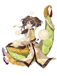 Rule 34 | 1girl, brown hair, clothing request, food fantasy, full body, hair ornament, highres, looking at viewer, official art, pale skin, second-party source, short hair, simple background, solo, traditional clothes, transparent background, twintails, yellow eyes, yellow pea cake (food fantasy)