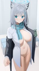 Rule 34 | 1girl, animal ear fluff, animal ears, blue archive, blue eyes, blue halo, blue scarf, breasts, closed mouth, cross hair ornament, gloves, grey hair, hair ornament, halo, highres, large breasts, looking at viewer, navel, open clothes, open shirt, scarf, shiroko (blue archive), shirt, single glove, solo, standing, thighs, white shirt, yuu (yuu ammy)