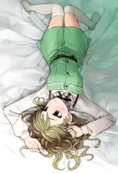 Rule 34 | 1girl, arms up, bad id, bad twitter id, bed sheet, blouse, blurry, blush, bow, brown eyes, buttons, collar, dress, earrings, fingernails, frilled collar, frills, from above, full body, green dress, hair down, idolmaster, idolmaster cinderella girls, jewelry, knees together feet apart, light brown hair, lips, long hair, long sleeves, looking away, looking down, lying, morikubo nono, no shoes, omaru gyuunyuu, on back, pinafore dress, shirt, short dress, sleeveless dress, solo, stud earrings, thighhighs, upside-down, white shirt, white thighhighs
