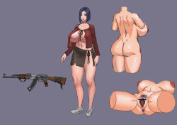 Rule 34 | 1girl, anus, ass, blue hair, breasts, censored, gun, highres, huge breasts, jin yi dui, large breasts, pubic hair, pussy, red eyes, shirt, shoes, skirt, weapon