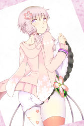 Rule 34 | 1girl, animal hood, blush, rabbit hood, cable, clothes lift, cowboy shot, floral print, flower, glowing, hair flower, hair ornament, hair over shoulder, hair tubes, highres, hood, hood down, hoodie, long sleeves, looking at viewer, looking back, low twintails, pantyhose, purple eyes, purple hair, short hair with long locks, simple background, skirt, skirt lift, solo, twintails, v4x, vocaloid, vodka 0444, voiceroid, white background, white hair, white skirt, wrist cuffs, yuzuki yukari, yuzuki yukari (onn), yuzuki yukari (vocaloid4)