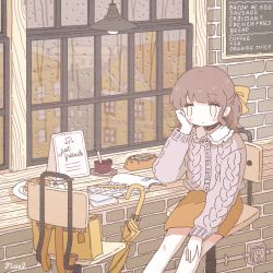 Rule 34 | 1girl, bag, blush, book, bow, brick wall, brown hair, building, butter, chair, electrical outlet, electrical outlet, english text, food, fork, grey sweater, head rest, highres, index card, indoors, medium hair, no nose, noeru (noellemonade), open book, original, pancake, pancake stack, pencil, plate, rain, restaurant, sitting, skirt, solo, sweater, umbrella, window, yellow bag, yellow bow, yellow eyes, yellow skirt, yellow umbrella