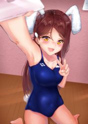Rule 34 | 1girl, absurdres, animal ears, armpits, blue one-piece swimsuit, breasts, brown hair, cellphone, cleavage, collarbone, competition swimsuit, fake animal ears, fake tail, fang, hair between eyes, hair ornament, hairclip, half updo, highres, indoors, long hair, love live!, love live! sunshine!!, medium breasts, one-piece swimsuit, open mouth, panaham, phone, playboy bunny swimsuit, rabbit ears, red hair, sakurauchi riko, selfie, sitting, swimsuit, tail, wariza, wooden floor, yellow eyes