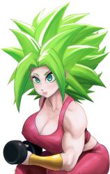 Rule 34 | blue eyes, bracelet, breasts, cleavage, closed mouth, collarbone, dragon ball, dragon ball super, dumbbell, earrings, green hair, highres, jewelry, kefla (dragon ball), large breasts, lipstick, makeup, midriff, muscular, muscular female, noblood (ryandomonica), panties, pants, potara earrings, potara fusion, sitting, thick thighs, thighs, underwear