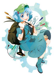 Rule 34 | 1girl, backpack, bag, blue eyes, blue hair, female focus, hair bobbles, hair ornament, hat, highres, kawashiro nitori, key, kyachi, matching hair/eyes, pepepo, randoseru, screwdriver, seigaiha, short hair, sleeves rolled up, solo, touhou, twintails, two side up, wrench