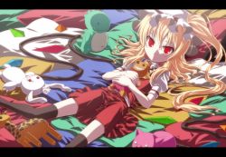 Rule 34 | 1girl, bad id, bad pixiv id, black thighhighs, blonde hair, female focus, flandre scarlet, hat, hat ribbon, isa, isatessyu, letterboxed, lying, on back, pillow, red eyes, ribbon, side ponytail, slit pupils, solo, stuffed animal, stuffed rabbit, stuffed toy, thighhighs, touhou, wings